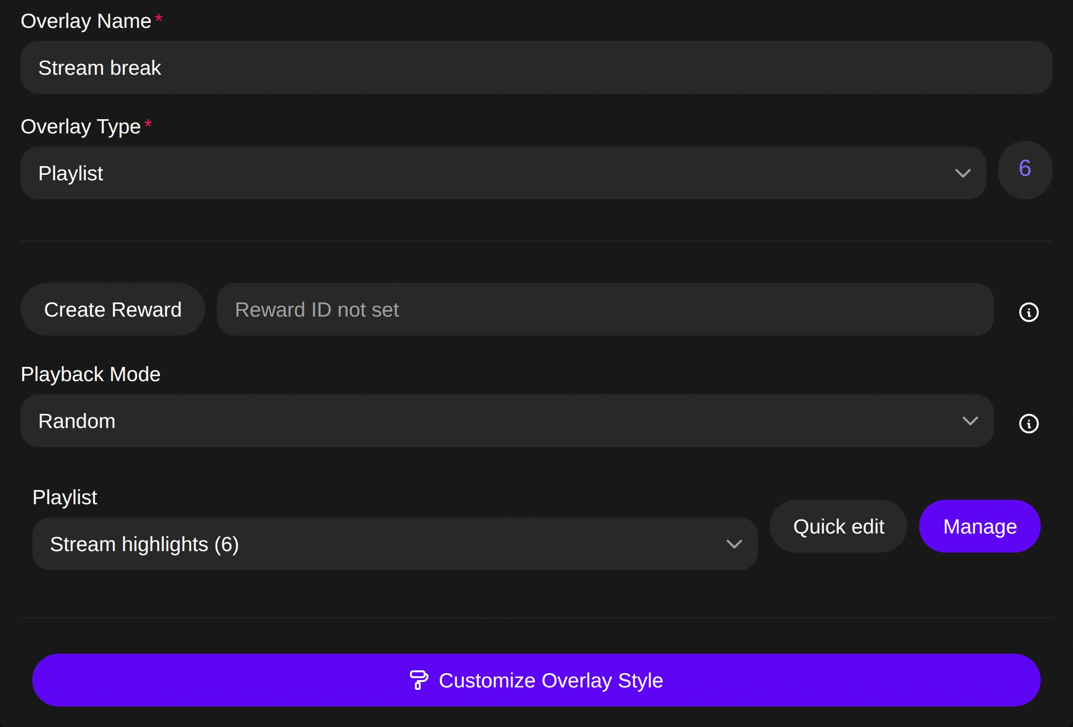 Clipify overlay settings with a saved playlist and playback options