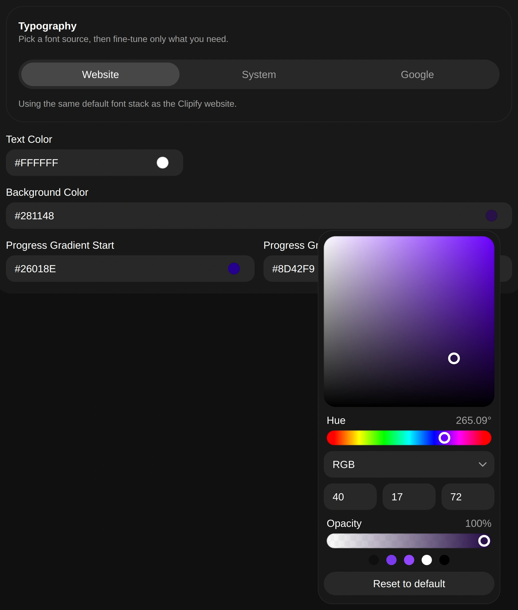 Theme Studio typography and background color controls with the color picker open